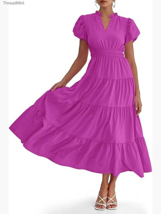 Dresses & Skirts - Summer Midi Dress Puff Sleeves V-Neck Tiered A-Line Formal Slim Fit